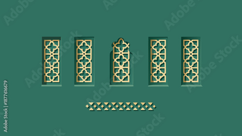 Flat vector illustration of an abstract islamic geometric pattern with gold and green colors for design and decoration with art and style and texture