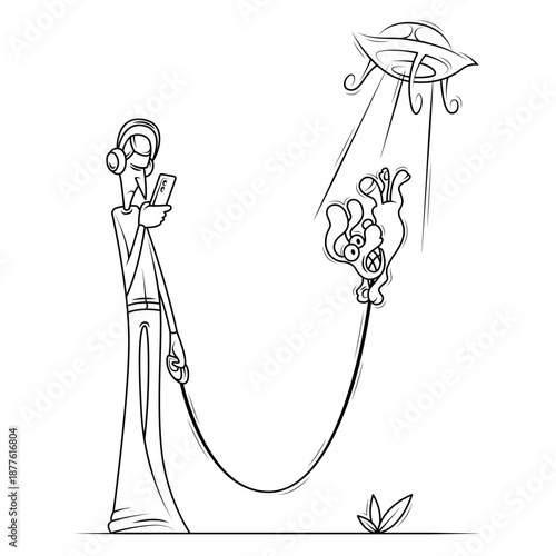 The abduction of a UFO dog from an owner who was addicted to a smartphone. A man walks his dog. Hand drawn line art. Humor caricature.