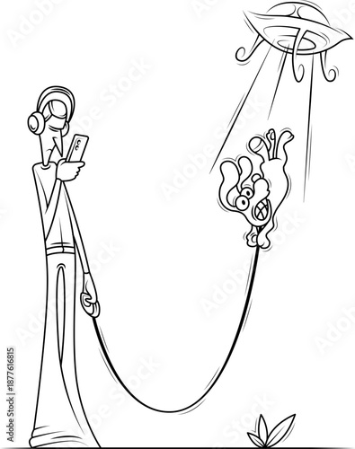 The abduction of a UFO dog from an owner who was addicted to a smartphone. A man walks his dog. Hand drawn line art. Humor caricature.