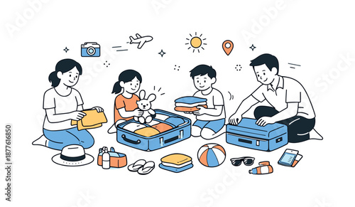 Family Packing Adventure. Holiday travel with family packing. Parents and children packing suitcases together at home, clothes and small items neatly arranged.