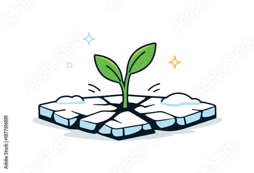 Resilient Sprout Emergence. Frozen ground to grass illustration. A single green sprout pushing through frozen earth, with subtle cracks around it. The mood is