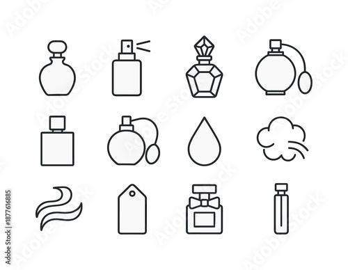 Perfume Bottle Icons. Perfume bottle. Line icon set of Perfume bottle: classic perfume bottle, spray nozzle, crystal stopper, round fragrance bottle, square