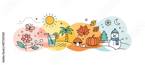 Seasonal Color Flow. Seasonal color harmony. Soft organic shapes grouped into a balanced composition, gently moving from one seasonal color mood to another.