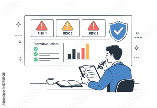 Risk Management Strategy. Risk preparedness. Business professional identifying risks on a simple dashboard with warning and shield icons, planning preventive