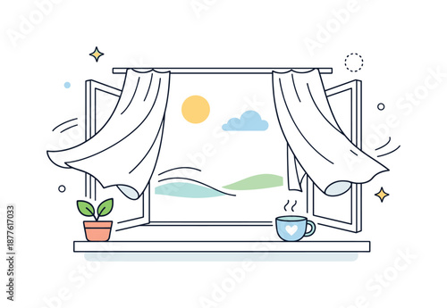 Airy Window Illustration. Airy open window illustration. Minimal window and curtain shapes with flowing movement, symbolizing openness, freshness and calm