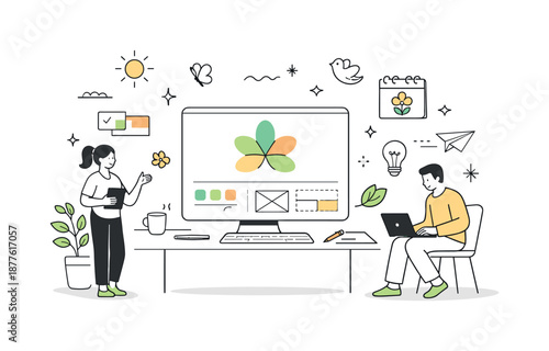 Seamless Seasonal Rebranding. Seasonal rebranding concept. A brand workspace transforming with new colors, icons, and patterns. Fresh update and continuity,