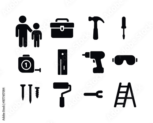 Father-Son Project Icons. A father and son working together on a home improvement project. Solid icon set of a father and son working together on a home