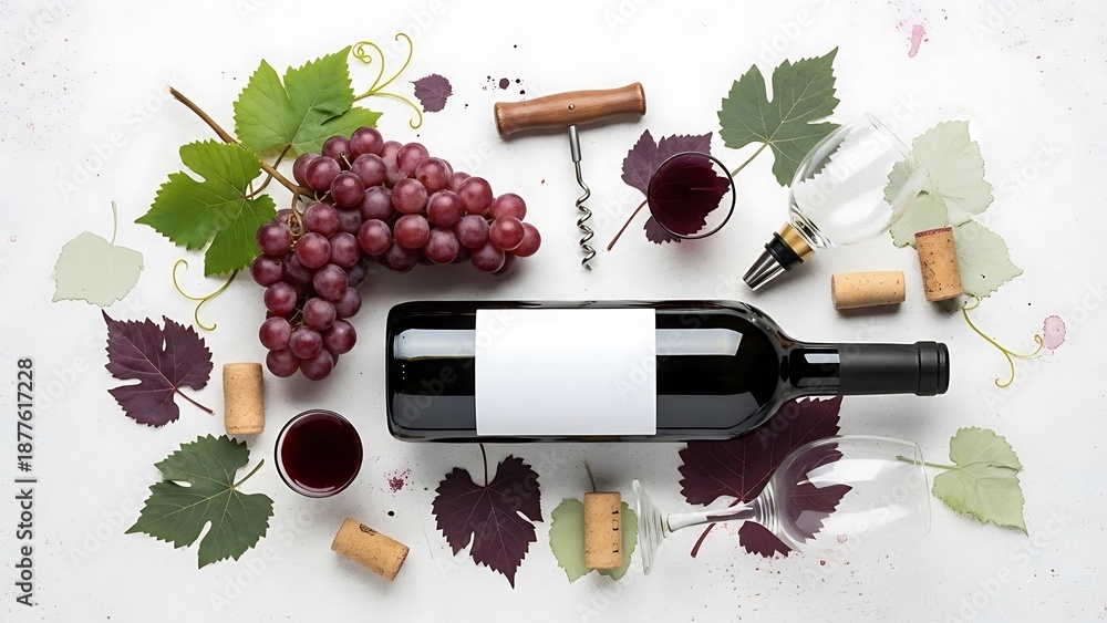 Obraz premium Elegant Wine Still Life - Bottle, Grapes, and Corkscrew Arrangement.