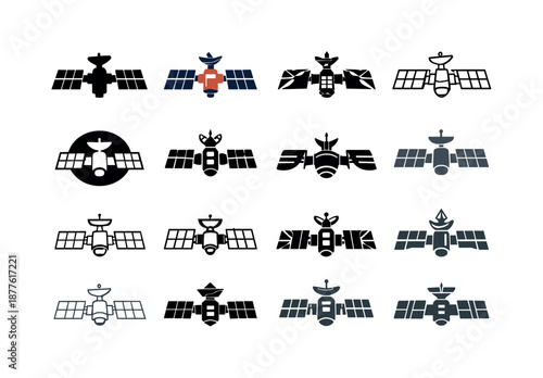 Space Station Logos. Space stations. Icon set. Set Logo of Space stations: space station with antenna arrays. harmonious logo variations of the same emblematic