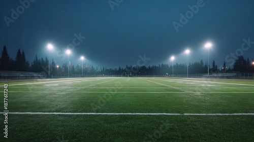 Football field at night. the field is covered in artificial turf and is lit up with floodlights. the sky is dark and the field is surrounded by trees.