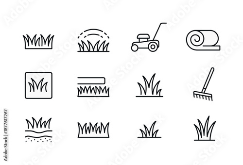 Lawn Care Icons. Lawns and turf. Line icon set of Lawns and turf: trimmed grass, sprinkler arc, lawn mower icon, grass roll, turf square, edging line, yard