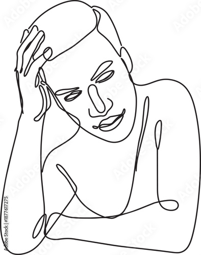 Pensive Man Contemplating with Hand on Head, Continuous Line Art Illustration Isolated on White