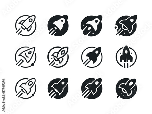 Intergalactic Logo Variations. Intergalactic travel. Icon set. Set Logo of Intergalactic travel: cosmic shuttle module. harmonious logo variations of the same