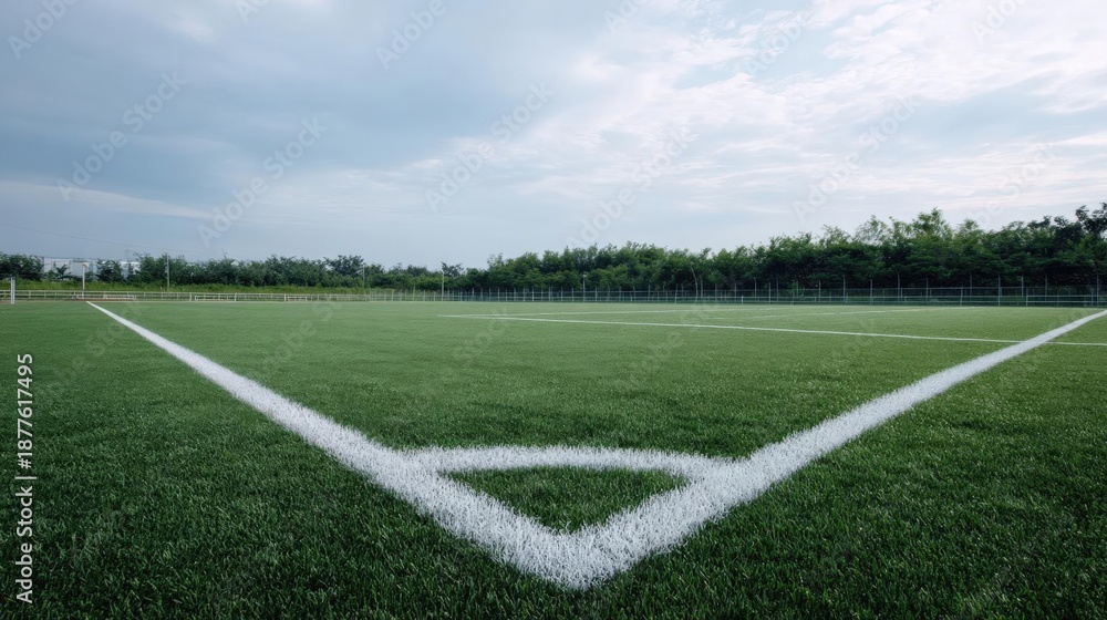 Obraz premium Soccer field with a green artificial turf surface. the field is surrounded by a fence and there are trees in the background. the sky is cloudy and the overall mood of the image is gloomy.