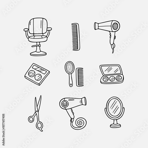 Collection of Hand-Drawn Hair Salon and Beauty Parlor Tools Icons for Styling and Grooming