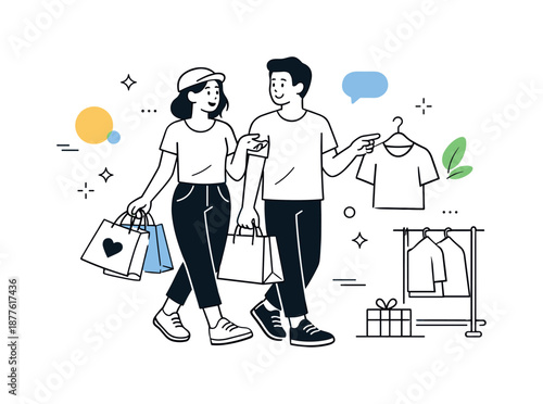 Relaxed Shopping Experience. Shopping together. Two people walking side by side with shopping bags, talking and choosing items together. Relaxed shared