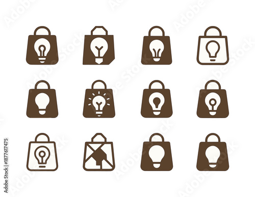 Small Business Marketing Logos. Marketing ideas for small businesses. Icon set. Set Logo of Marketing ideas for small businesses: shopping bag. harmonious logo