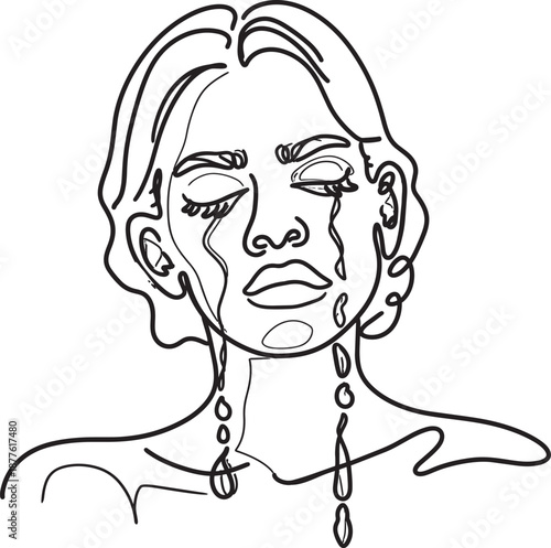 Crying Woman Line Art Illustration Isolated on White Background