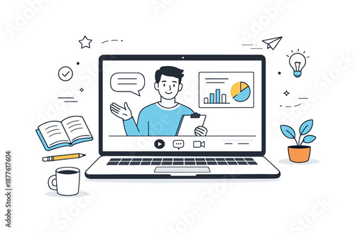 Online Education Scene. Online lesson with instructor. Teacher appearing on a laptop screen guiding learners through content remotely. Calm digital education