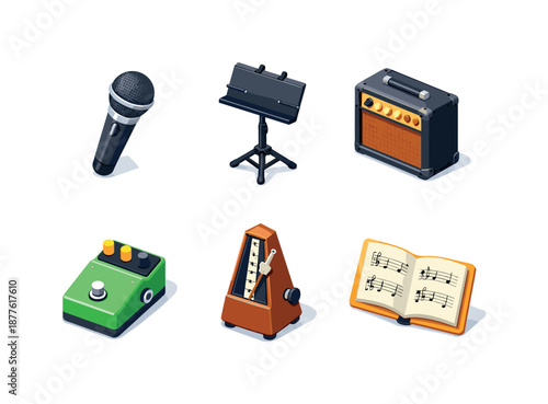Music Gear Icons. Music Accessories. Isometric flat vector icons set of music accessories: microphone, music stand, amplifier, guitar pedal, metronome, sheet