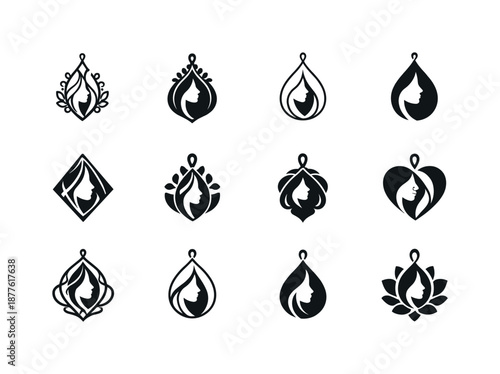 Feminine Beauty Icons. feminine beauty. Icon set. Set Logo of feminine beauty: jewelry pendant outline. harmonious logo variations of the same emblematic