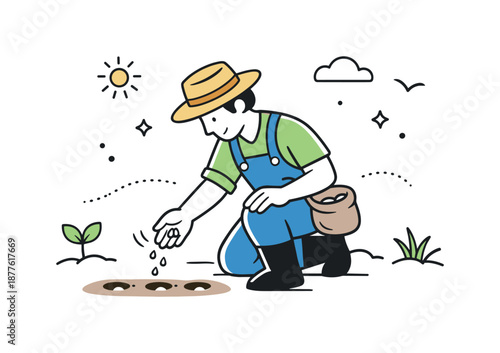 Farmer Sowing Seeds. Agriculture planting icon illustration. Farmer kneeling and sowing seeds into the ground, showing focused and careful work. Calm rural