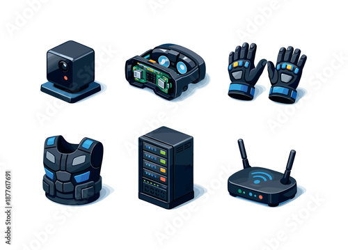 VR Tech Icons. VR Technology. Isometric flat vector icons set of VR technology: tracking sensors base station, VR headset internals module, motion tracking