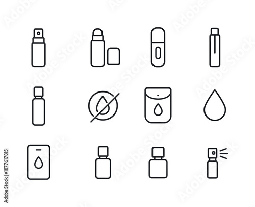 Travel Perfume Icons. Travel-size perfumes. Line icon set of Travel-size perfumes: mini spray bottle, roll-on vial, travel case, refill cartridge, secure cap,