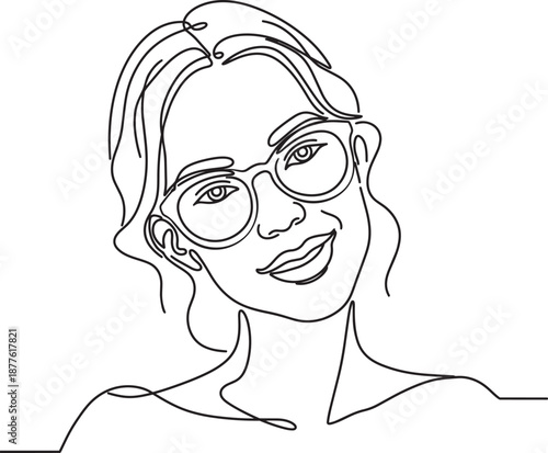 Continuous Line Art Smiling Woman Wearing Glasses Isolated on White Background