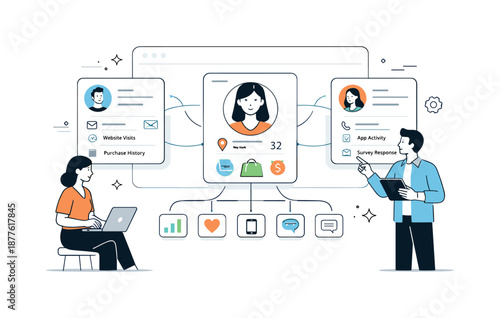 Customer Data Dashboard. Customer data platform overview. Marketers viewing unified customer profiles on a central dashboard. Clarity and integration, profile