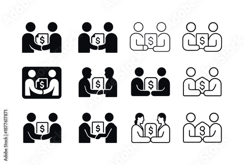 Loan Agreement Icons. Loan agreement. Icon set. Set Logo of loan agreement: lender?borrower icon. harmonious logo variations of the same emblematic concept,