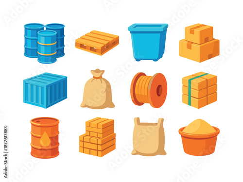 Colorful Bulk Materials Icons. Bulk materials. Colorful flat vector icons set of bulk materials: metal drums, wooden pallets, plastic bins, cardboard boxes,