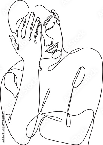 Sad Man Covering Face Continuous Line Art Isolated on White