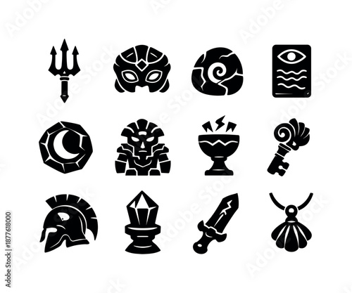 Atlantean Relics Icons. Atlantean myth. Solid icon set of legendary relics: king?s trident, oracle mask, tide stone, prophecy tablet, moon crystal, guardian