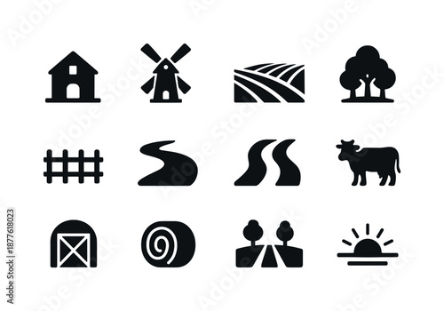 Countryside Icon Set. Countryside life. Solid icon set of countryside life: farmhouse, windmill, field rows, tree cluster, wooden fence, river bend, tractor