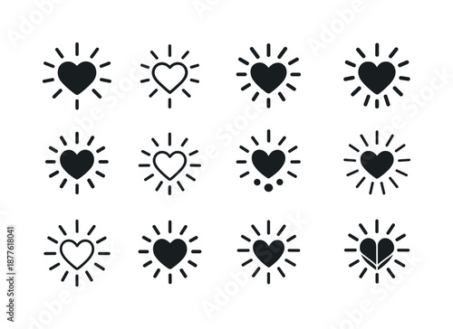 Kindness Icon Set. Kindness. Icon set. Set Logo of kindness: light burst from heart. harmonious logo variations of the same emblematic concept, each with