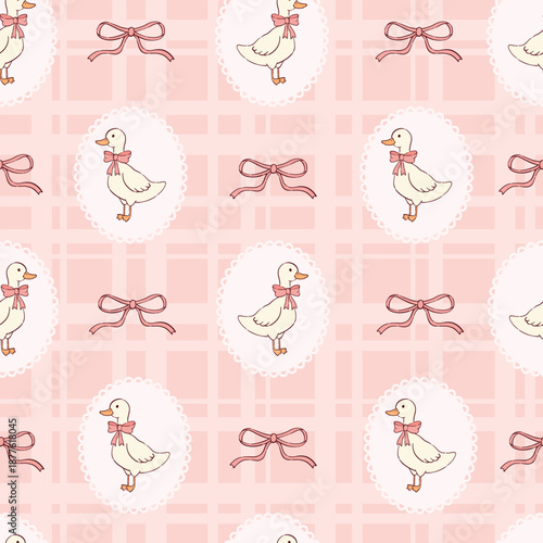 Pink seamless pattern with doodles of ducklings and bows on checkered background for textile prints, nursery wallpapers, scrapbooking, wrapping papers, kids apparel, etc. EPS 10