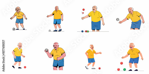 Happy Senior Man Playing Bocce Game: A Set of Illustrations Depicting Active Retirement, Sport, and Joyful Outdoor Activity.