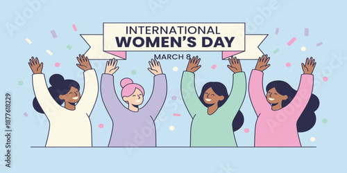 Vibrant illustration of happy, diverse women celebrating unity and empowerment with confetti, symbolizing global sisterhood and equality