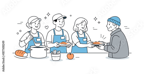 Soup Kitchen Compassion. People volunteering in soup kitchen compassion. Volunteers listening and smiling while offering food. Respect, empathy, and gentle