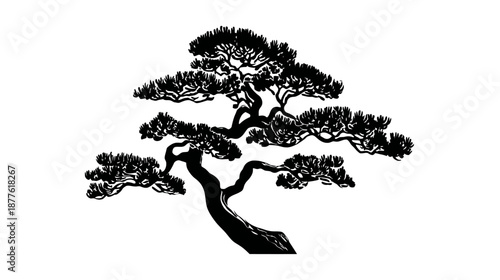 Bold black silhouette of a stylized bonsai tree against a clean white background