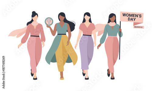 Diverse group of empowered women marching forward in solidarity, celebrating unity and advocating for gender equality, symbolizing strength, progress, and women's rights