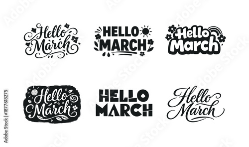 March Lettering Variations. Hello March. Set lettering. harmonious lettering variations of the same emblematic concept, each with different artistic
