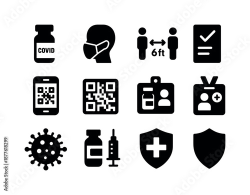 COVID- Icon Set. COVID- vaccination. Solid icon set of COVID- vaccination: covid vial, masked patient, 6ft distance sign, screening form, digital record, QR