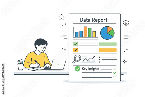 Analyst's Data Insight. Reporting and insights. Analyst preparing a clear report with charts, highlights, and checkmarks, summarizing data findings. Organized