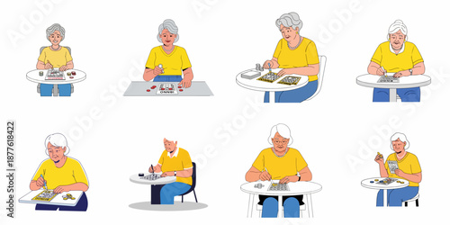 Set of illustrations showing diverse senior citizens enjoying a game of Bingo, marking numbers on their cards.