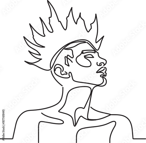 Line Art Portrait of Young Man with Spiky Hair, Isolated on White Background