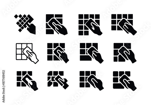 Kitchen Backsplash Icons. Installing a backsplash in the kitchen. Icon set. Set Logo of installing a backsplash in the kitchen: tile cutter. harmonious logo