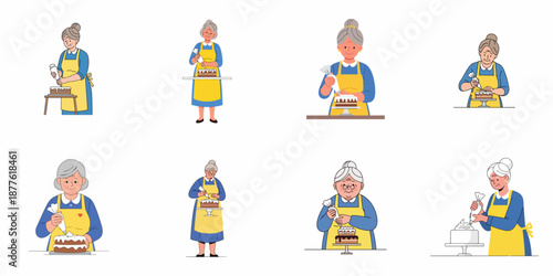 Grandmothers Decorating Cakes: Set of 8 Vector Illustrations Showing Senior Women Baking and Applying Icing with Pastry Bags.