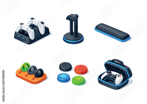 Isometric Gaming Accessories. Gaming accessories. Isometric flat vector icons set of gaming accessories: controller charging station, headset stand, wrist rest